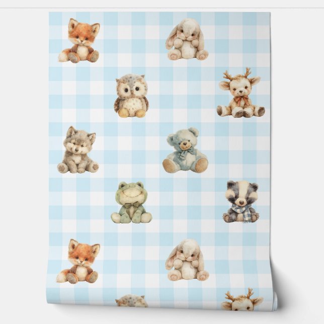 Woodland Animals Toys Blue Plaid Baby Boy Nursery Behang (Afrollen)