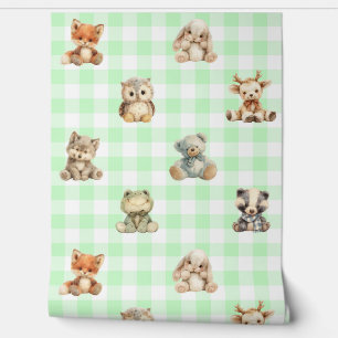 Woodland Animals Toys Green Plaid Baby Nursery Behang