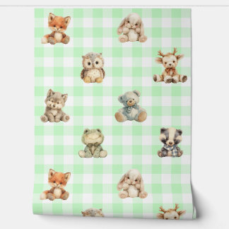 Woodland Animals Toys Green Plaid Baby Nursery Behang