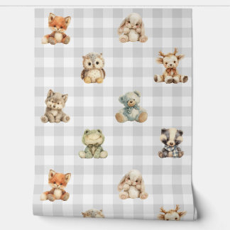 Woodland Animals Toys Grey Plaid Baby Boy Nursery Behang