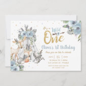 Woodland Animals Tribal Blue Wild One 1st Birthday Kaart (Voorkant)