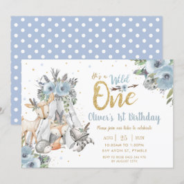 Woodland Animals Tribal Blue Wild One 1st Birthday Kaart