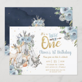 Woodland Animals Tribal Blue Wild One Birthday Kaart