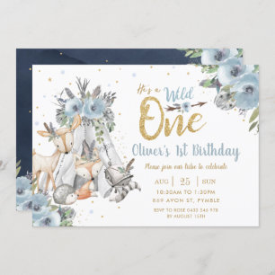 Woodland Animals Tribal Blue Wild One Birthday Kaart