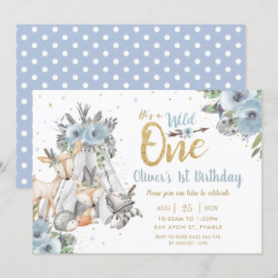 Woodland Animals Tribal Blue Wild One Birthday Kaart