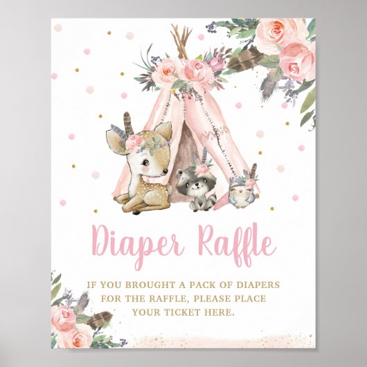 Woodland Animals Tribal Boho Floral Diaper Raffle Poster (Voorkant)