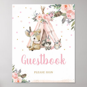 Woodland Animals Tribal Boho Floral Guestbook Poster