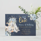 Woodland Animals Tribal Navy Gold Een 1e Verjaarda Kaart (Staand voorkant)