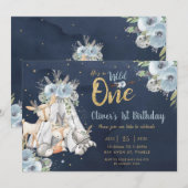 Woodland Animals Tribal Navy Gold Een 1e Verjaarda Kaart (Voorkant / Achterkant)