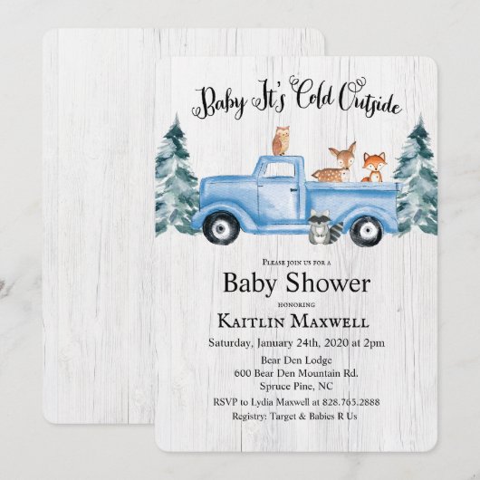 Woodland Animals Truck Baby shower Invitation Kaart (Voorkant / Achterkant)