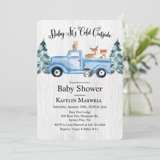 Woodland Animals Truck Baby shower Invitation Kaart (Staand voorkant)