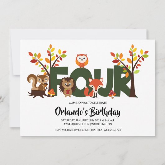 Woodland Animal's Vierde Verjaardag Uitnodiging (Voorkant)