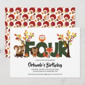 Woodland Animal's Vierde Verjaardag Uitnodiging (Voorkant / Achterkant)