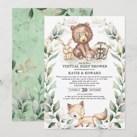 Woodland Animals Virtual Baby shower Greenery Gold Kaart (Voorkant / Achterkant)