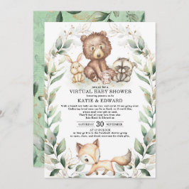 Woodland Animals Virtual Baby shower Greenery Gold Kaart