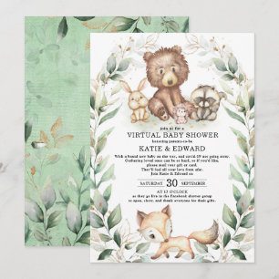 Woodland Animals Virtual Baby shower Greenery Gold Kaart