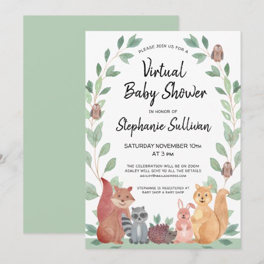 Woodland Animals Virtual Baby shower Kaart (Voorkant / Achterkant)