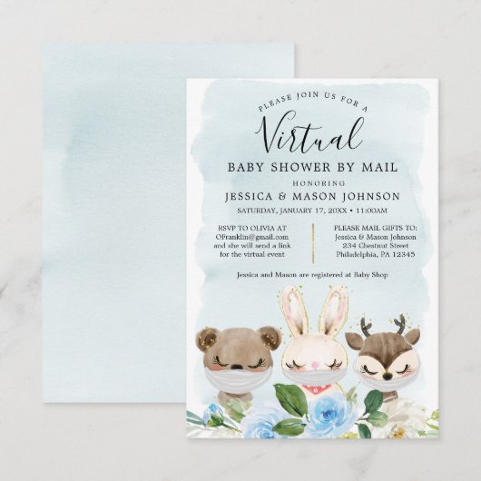 Woodland Animals Virtual Baby shower nodigt jongen Kaart (Voorkant / Achterkant)