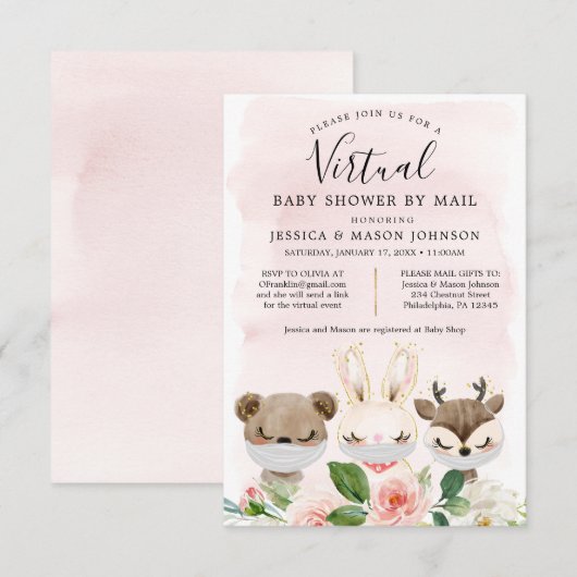 Woodland Animals Virtual Baby shower nodigt meisje Kaart (Voorkant / Achterkant)