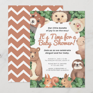 Woodland Animals /w beer & sloth Brown Baby shower Kaart