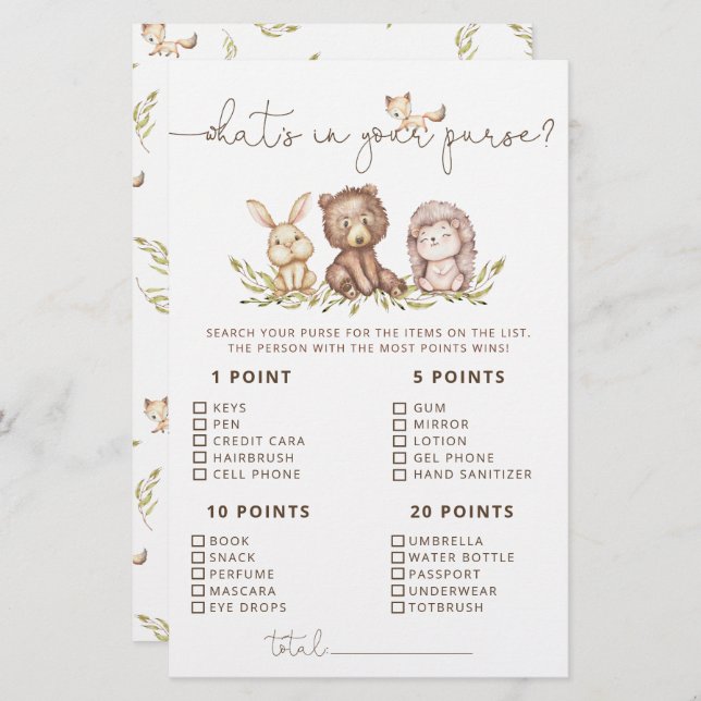 Woodland Animals Wat zit er in je portemonnee spel (Voorkant / Achterkant)