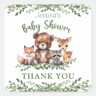 WOODLAND ANIMALS WATERVERF BABY SHOWER BEDANKT VIERKANTE STICKER