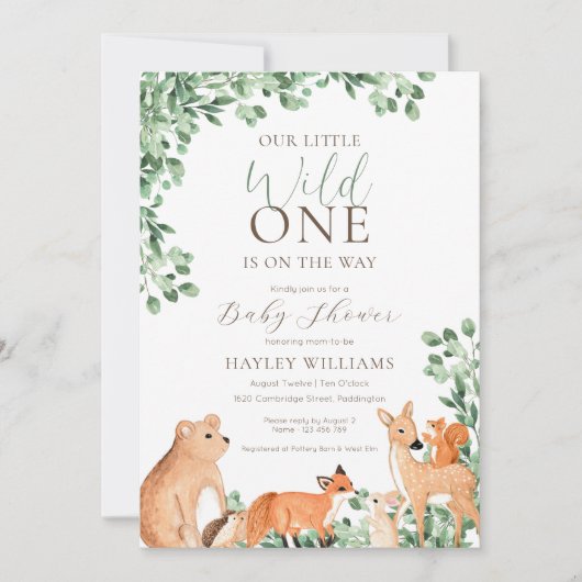 Woodland Animals White Baby shower Invitation Kaart (Voorkant)
