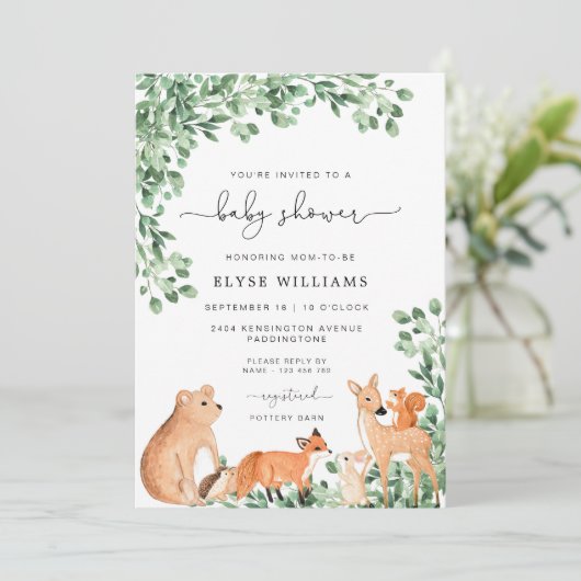 Woodland Animals White Baby shower Invitation Kaart (Staand voorkant)