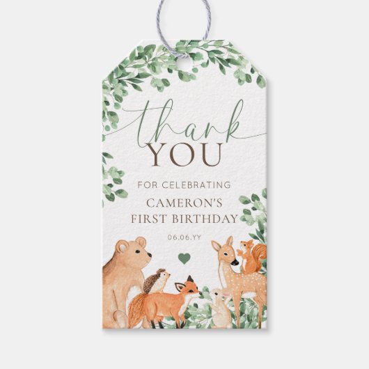 Woodland Animals White Birthday Favoriet Cadeaulabel (Voorkant)