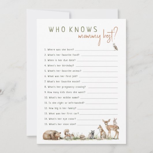 Woodland Animals Wie kent Mama Beste Spel Kaart (Voorkant)