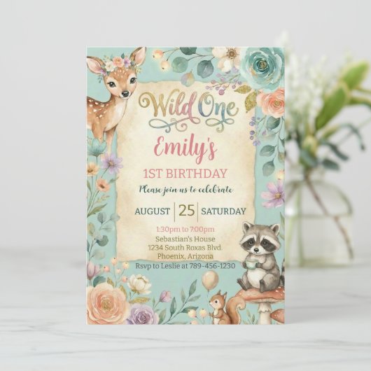 Woodland Animals Wild One Birthday Invitation Kaart (Staand voorkant)