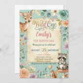 Woodland Animals Wild One Birthday Invitation Kaart (Voorkant / Achterkant)