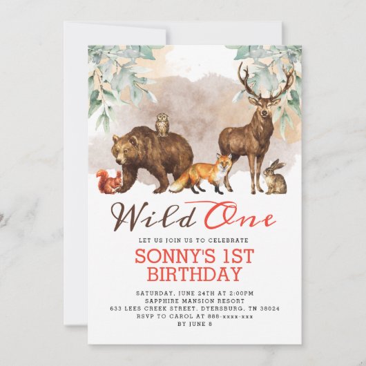 Woodland Animals Wild One Birthday Party Kaart (Voorkant)