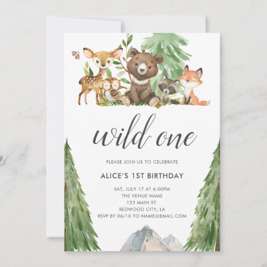 Woodland Animals Wild One Calligraphy 1st Birthday Kaart (Voorkant)