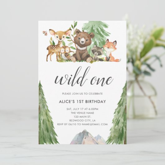 Woodland Animals Wild One Calligraphy 1st Birthday Kaart (Staand voorkant)