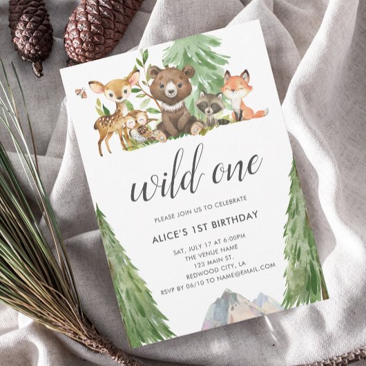 Woodland Animals Wild One Calligraphy 1st Birthday Kaart