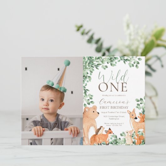 Woodland Animals Wild One First Birthday Foto Kaart (Staand voorkant)