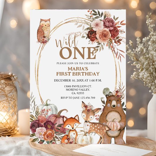 Woodland Animals Wild One Marsala 1st Birthday Kaart