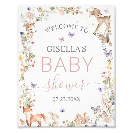 Woodland Animals Wildflower Baby Shower Welcome Foto Afdruk (Voorkant)