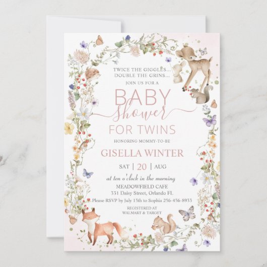 Woodland Animals Wildflower Twins Baby Shower Kaart (Voorkant)