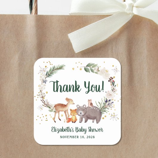 Woodland Animals Winter Baby shower Dank u Vierkante Sticker