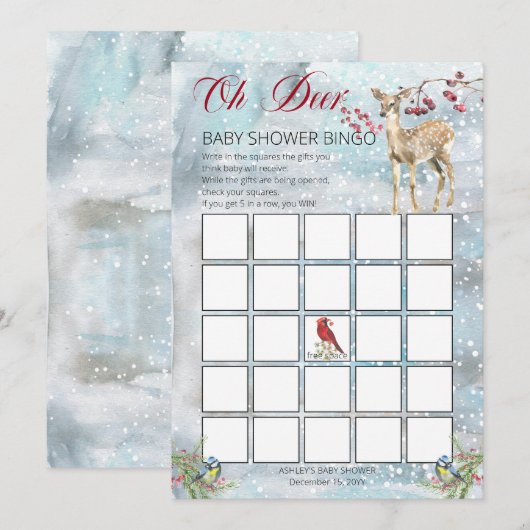 Woodland Animals Winter Boy Baby shower Bingo Card Kaart (Voorkant / Achterkant)