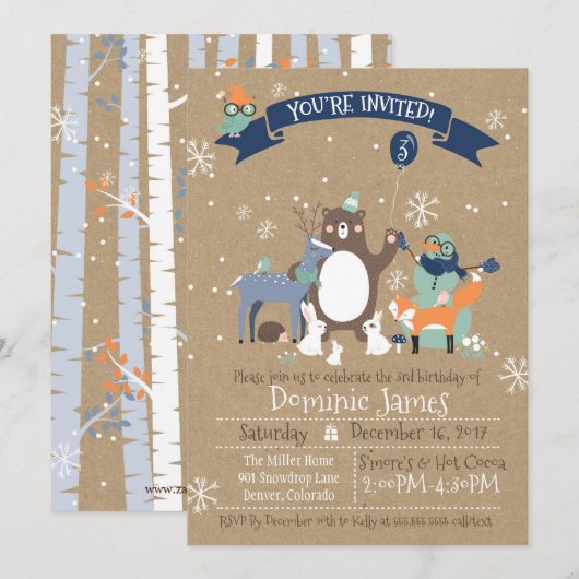 Woodland Animals Winter Boys Birthday Invitation Kaart (Voorkant / Achterkant)