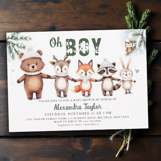 Woodland Animals Winter Green Oh Boy Baby Shower Kaart
