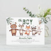 Woodland Animals Winter Green Oh Boy Baby Shower Kaart (Staand voorkant)