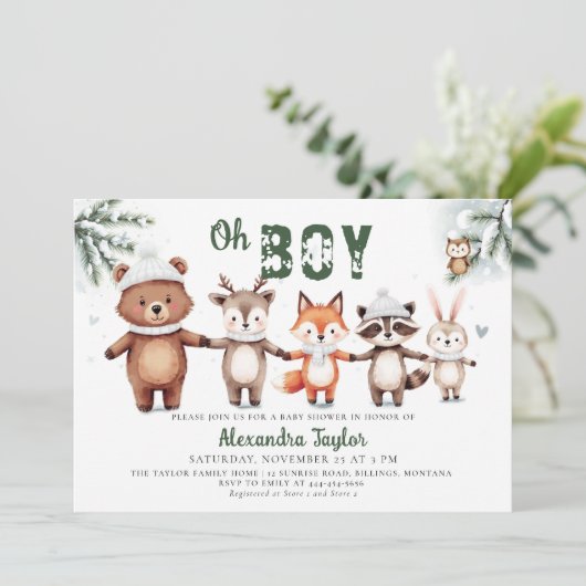 Woodland Animals Winter Green Oh Boy Baby Shower Kaart (Staand voorkant)