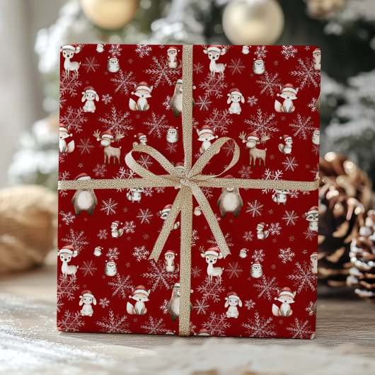 Woodland Animals Winter Wonderland Decoupage Rood Cadeaupapier