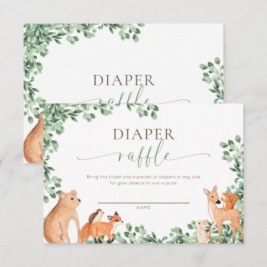 Woodland Animals Witte Luier Raffle Ticket Kaart (Voorkant / Achterkant)