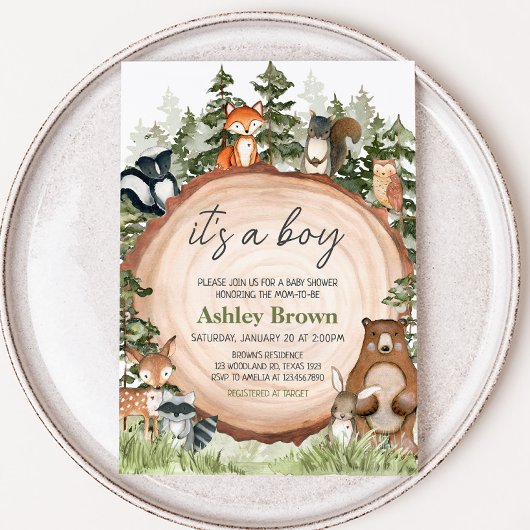 Woodland Animals Wood Slice Baby shower Kaart