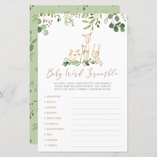 Woodland Animals Word Scramble Baby shower Game (Voorkant / Achterkant)